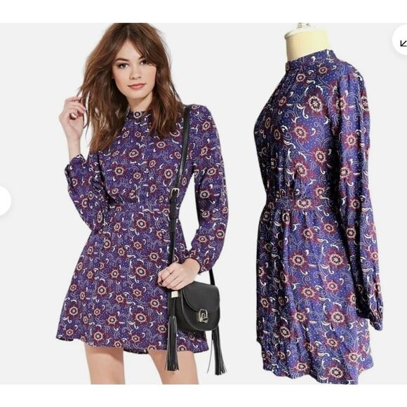 Forever 21 Blue Floral Flowy Long Sleeve Gold Buttoned Boho Mini Dress Junior L - Picture 1 of 6